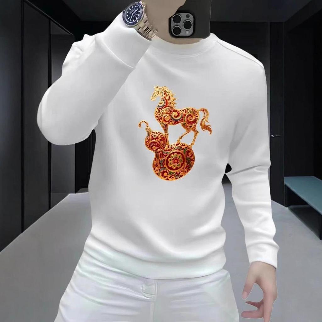 Men's Heavyweight American Style Round Neck Sweatshirt - Spring/Autumn, Long Sleeve, Loose Fit, Plus Velvet for Extra Warmth