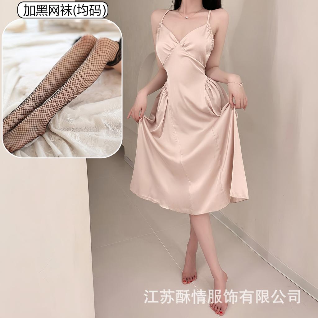 Crispy sexy suspender long hollow backless strap solid color low neck temptation casual nightdress home set