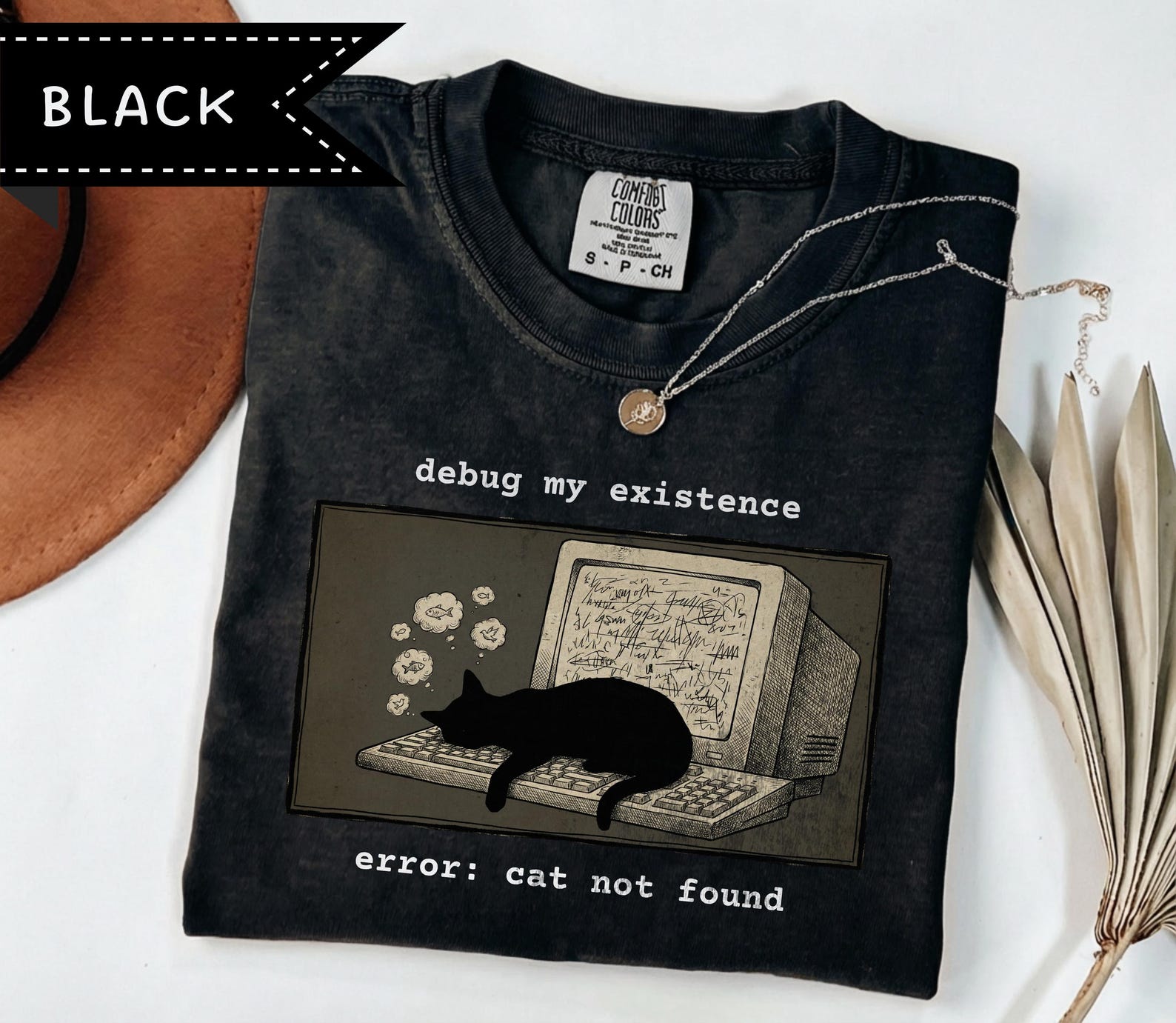 Black Cat Computer Graphic Tee, Debug My Existence Shirt, Quirky Kawaii Illustration L
