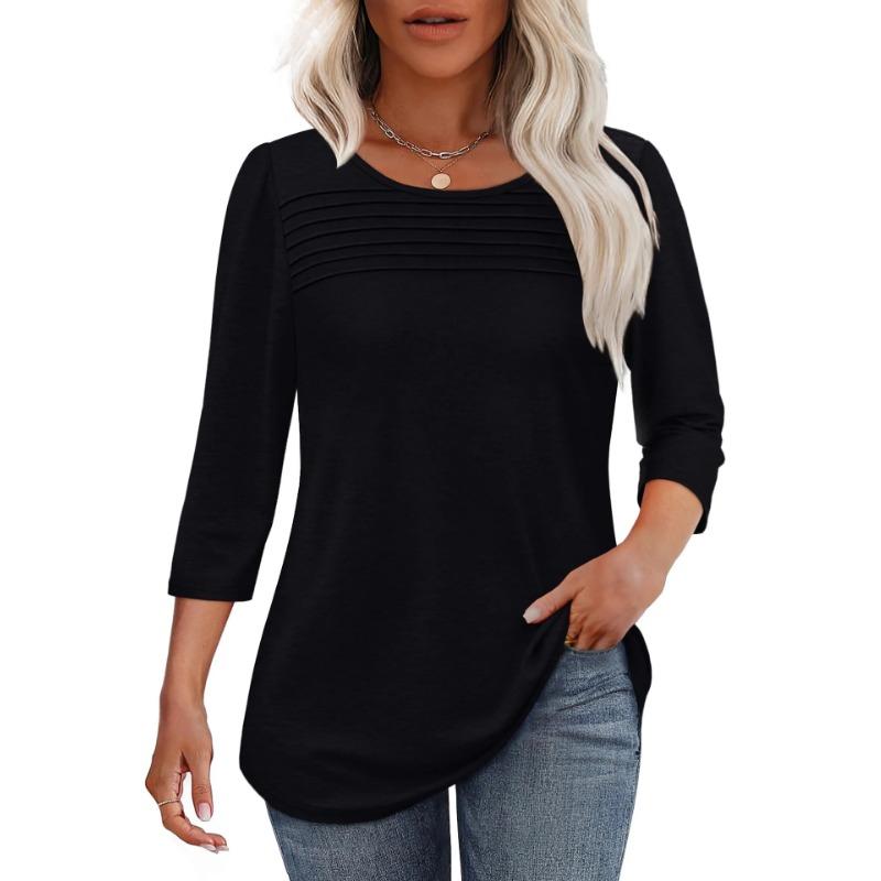Autumn Round Neck Seven Quarter Sleeve Pleated Top Women's T-shirts