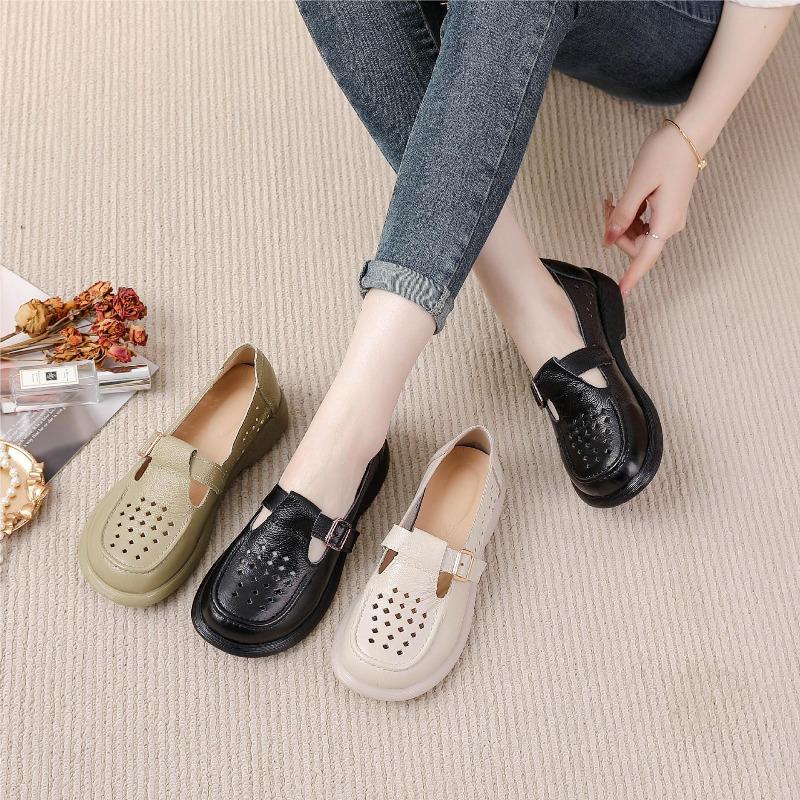 2026 Summer Genuine Leather Shoes Women Sandals Flat Holiday Fashion Brand Ladies Sandals Breathable Holes Black Green Plus Size 41