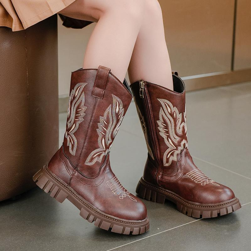 Girls Boots Autumn and Winter Western Cowboy Boots Retro Embroidered High Boots