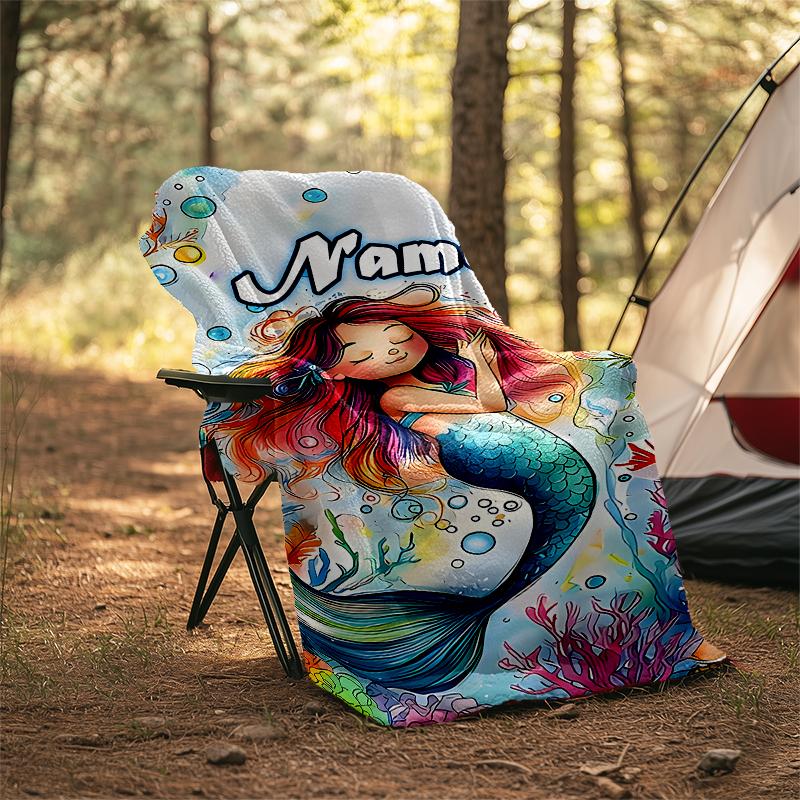 1PC Custom Name Mermaid Dreams Colorful Sea outdooor Flannel blankets Throw Blanket All-Season Throw Gift Bedspread for Couch, Bed, Camping Holiday Bi