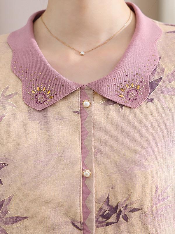 Elegant Floral Long-Sleeve T-Shirt for Middle-Aged & Elderly Women - New Chinese Style Top