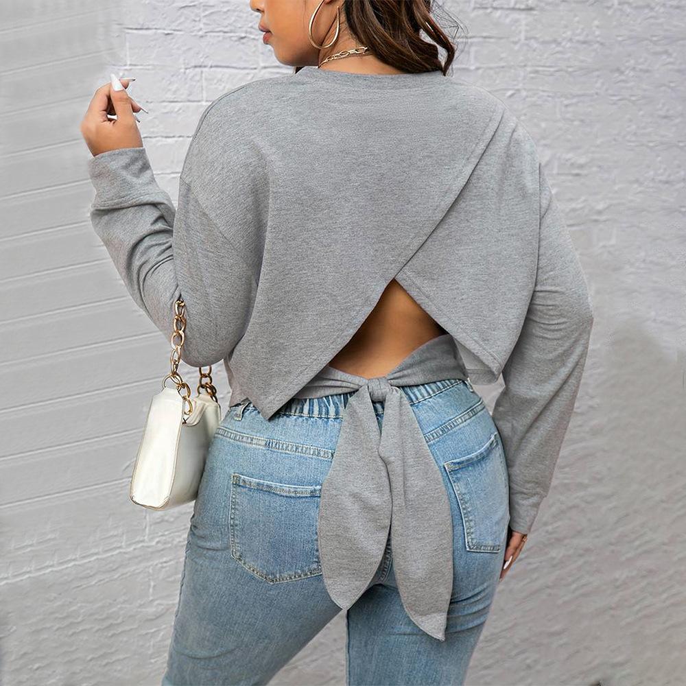 Plus size women's casual minimalist T-shirt, spring/summer sneaky backless design top