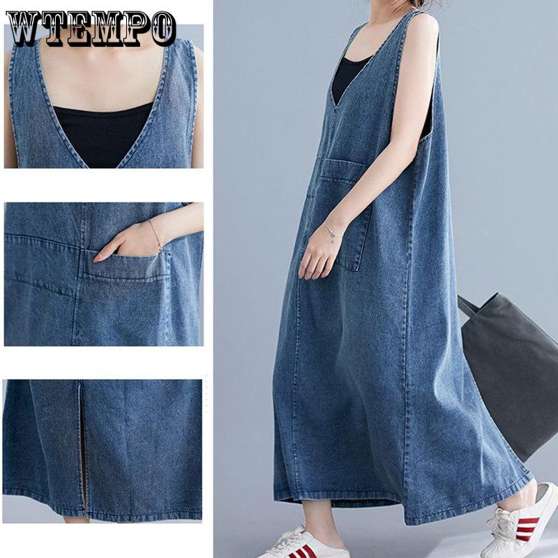 WTEMPO Women Cheap Blue Denim Dress Female V-Neck Summer Solid Casual Vintage Sleeveless Big Pockets Loose Retro Jeans Dresses