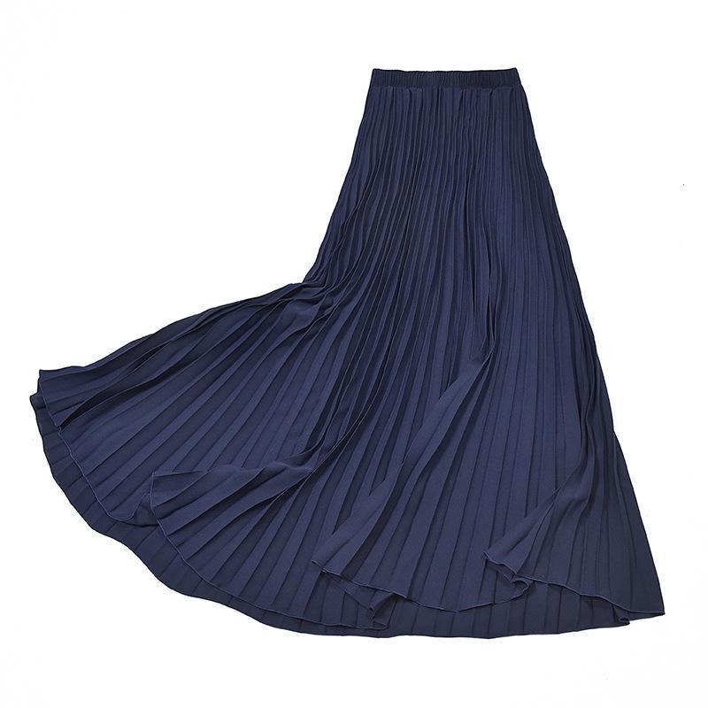 Women Summer Solid Long Dress Elastic Waist Pleated Boho Beach Maxi Skirt