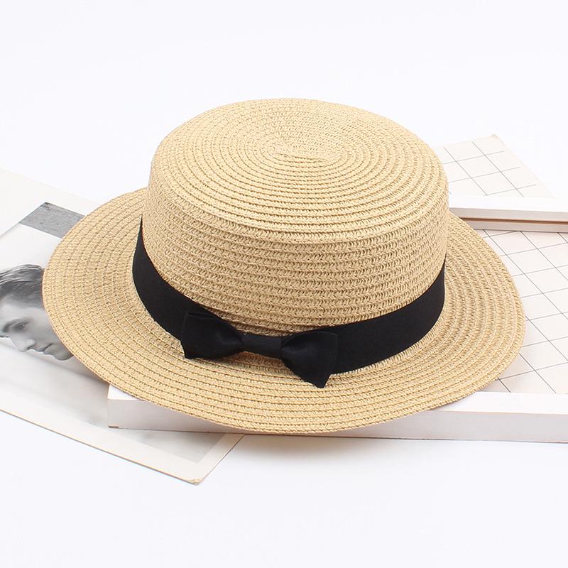 Korean Straw Hat - Retro Bow Flat Top Fedora for Spring & Summer Beach Days
