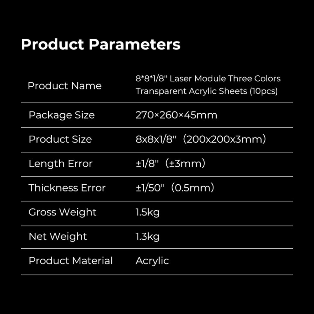 Creality 8x8x18"" Üç Renkli Şeffaf Akrilik Levhalar 10 adet CO2 lazer gravür makineleri için uygundur