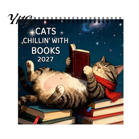 Academic Year Wall Planner 2027 Reading Cat Calendar, 7.87 x Inch Monthly Hanging Large Writing Grid with Thickened Paper And Spiral Binding for Home