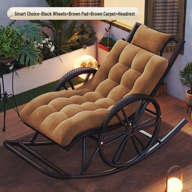 Adult Rattan Rocking Chair: Steel-Framed Recliner for Leisure and Napping on Balconies