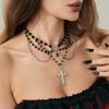 Vintage Gothic Love Cross Pendant Stacked Necklace, Dark Beaded Chain Collarbone Chain