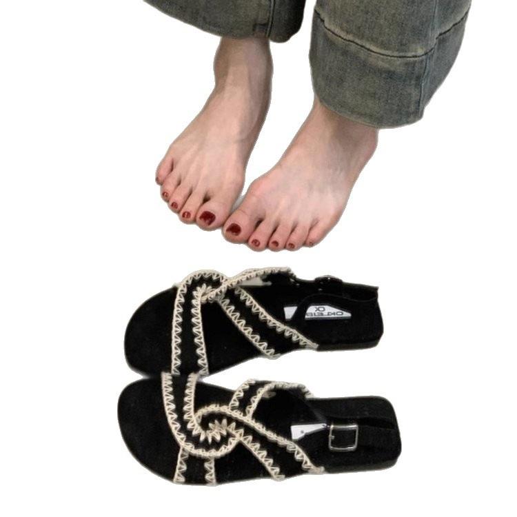 French retro cross with flat women's shoes bohemian with skirt open-toed with Roman sandals women's summer