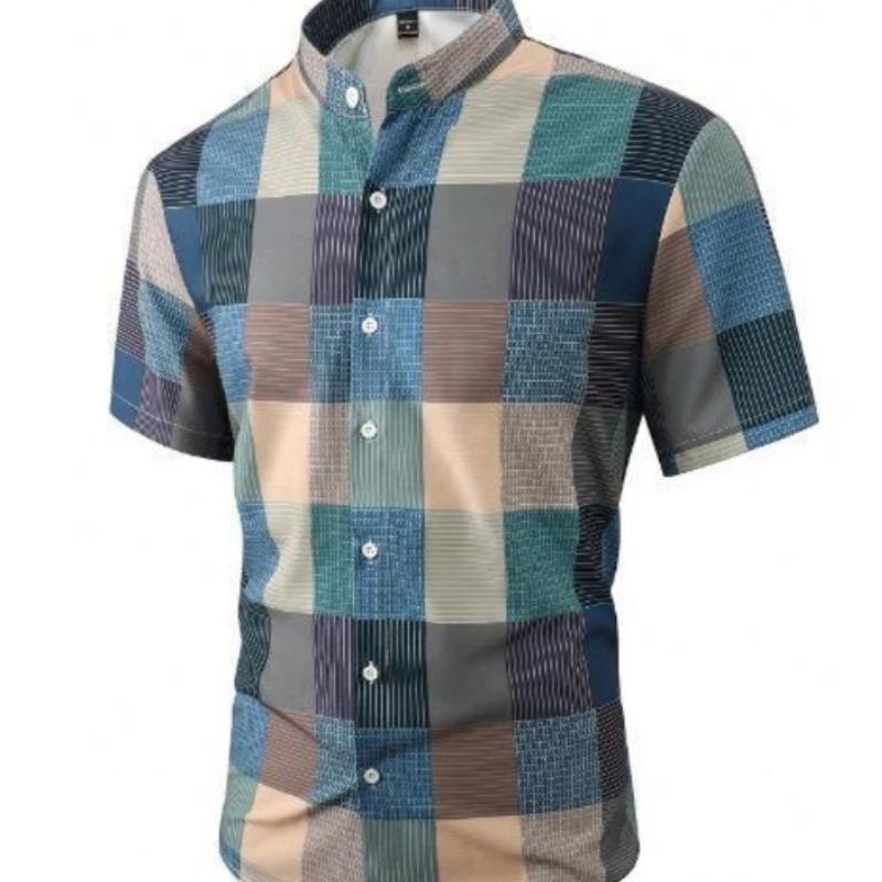 Herren Karo-Hemd mit Stehkragen, kurzärmelig, zum Knöpfen, Freizeit
