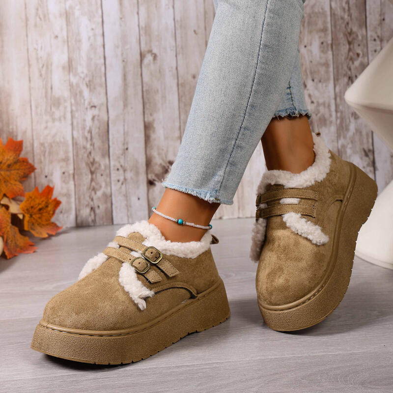 Modne buty casualowe z okrągłym noskiem, na grubej podeszwie, futrzane, damskie, 2025, zimowe, ciepłe, pluszowe śniegowce na platformie, z metalową klamrą, zamszowe botki do kostki