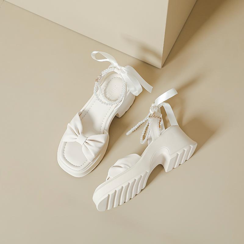 Sandale cu platformă pentru femei, primăvară și vară, noi, cu perle, cu fundă, pantofi simpli de modă, stil de zână, toc gros, cu vârf deschis, pantofi de damă