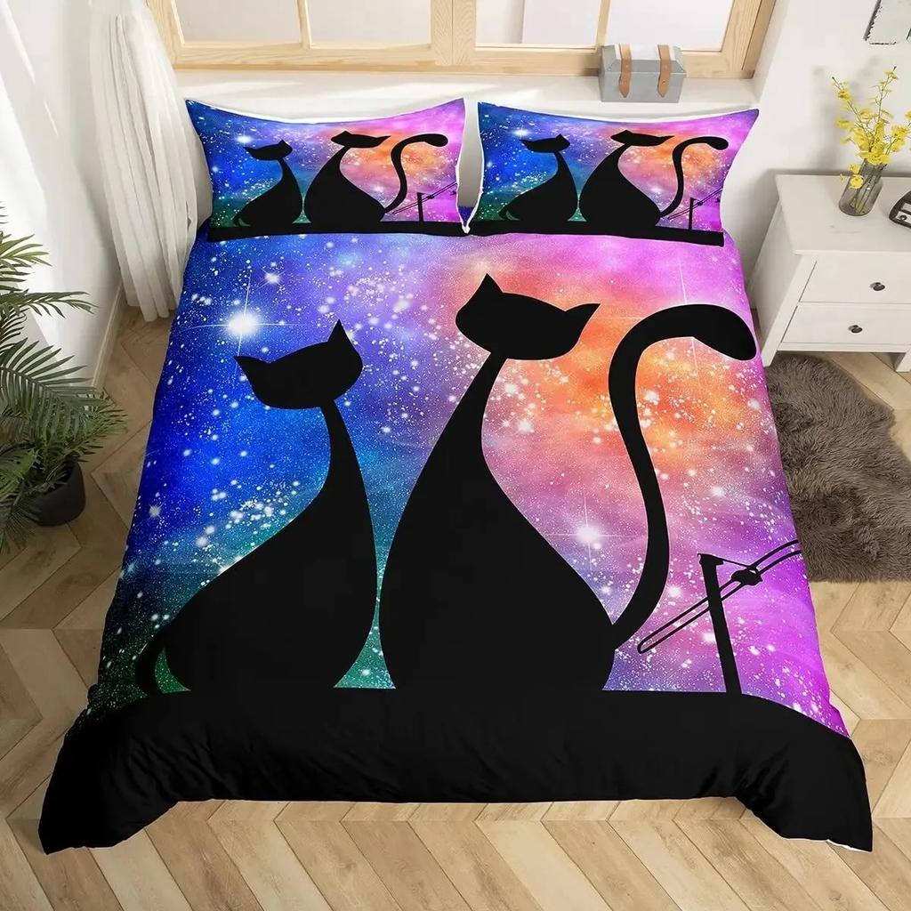 Comforter Galaxy Cat Girls 3D Digital Cat Bedding Set Galaxy Colorful Cat Starry Sky Comforter Lover