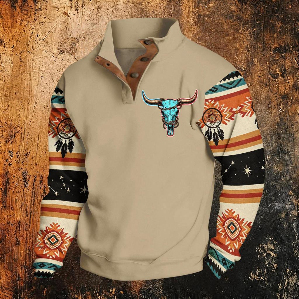 Men's Print Hoodie, Western Long Sleeve Pullover Sweatshirt with Pattern