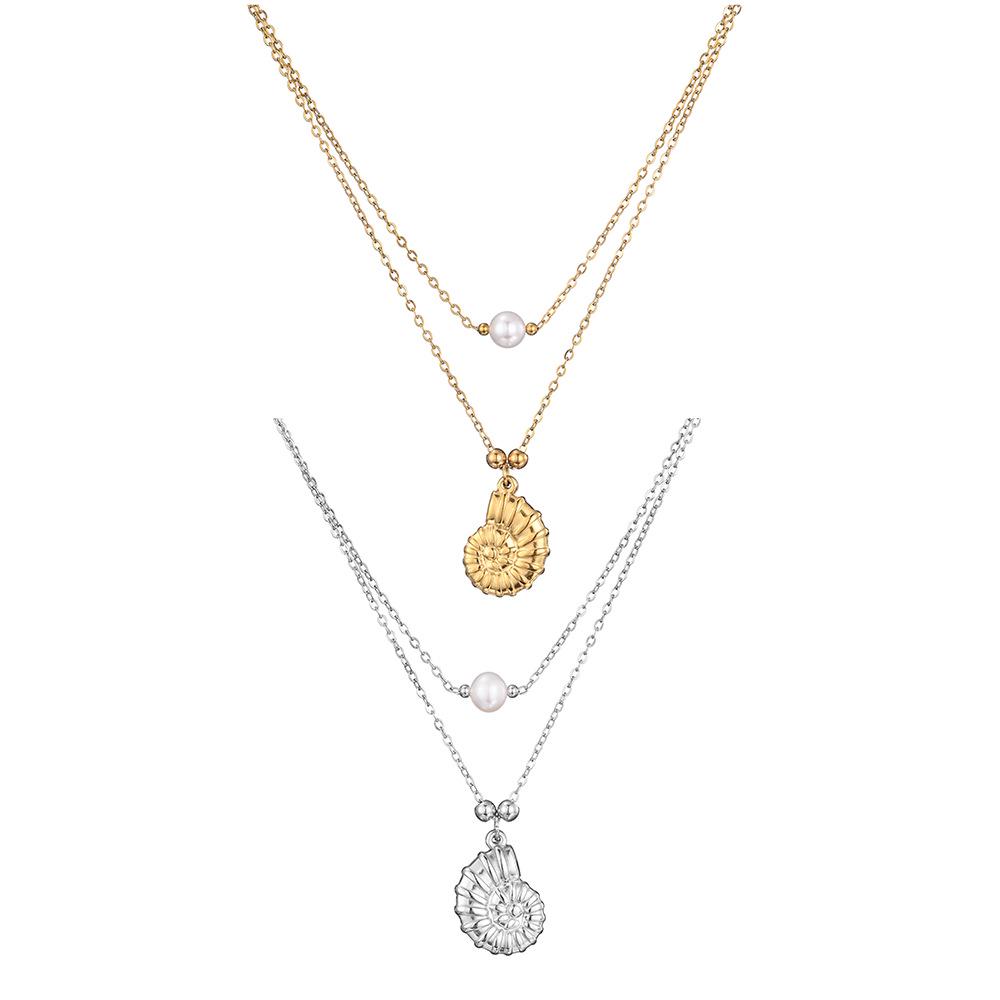 Stainless Steel Double-Layer Seashell & Freshwater Pearl Animal Necklace for Women