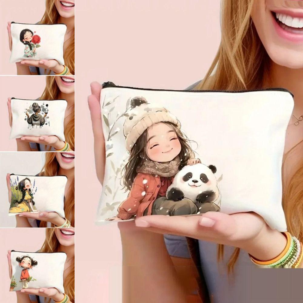 Unique Canvas Makeup Bags Large Capacity Zipper Closure Travel Toiletry Bag Cute Girl Pattern Pencil Case Girls