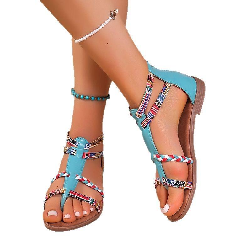 Women's Bohemian Color-Block Gladiator Sandals - Flat Summer Beach Roman Shoes with Wide Width, Ethnic Strappy Outdoor Casual Sandals