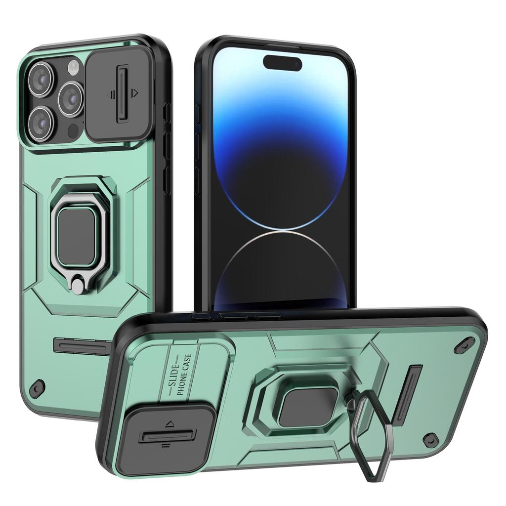 For iPhone 15 Pro Kickstand Phone Case with Slide Lens Cover PC+TPU Shockproof Rugged Shell