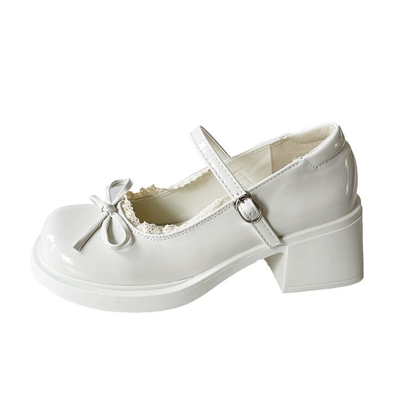 Bow temperament high heels ballet women's leather shoes new summer retro lace edge heightening Mary Jane single shoes