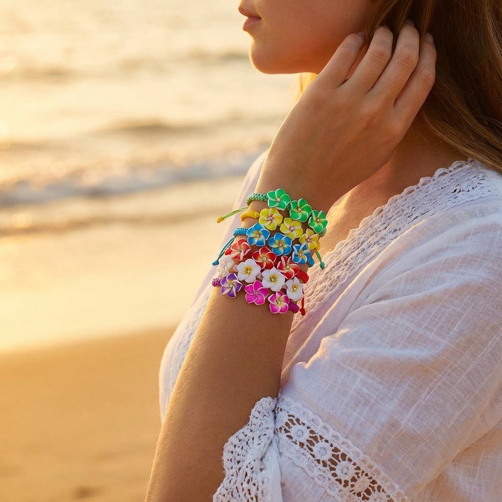 Boho Plumeria Flower Bracelet for Women Polymer Clay Hawaiian Frangipani Charm Braided Rope Bracelets Summer Beach Jewelry Gift