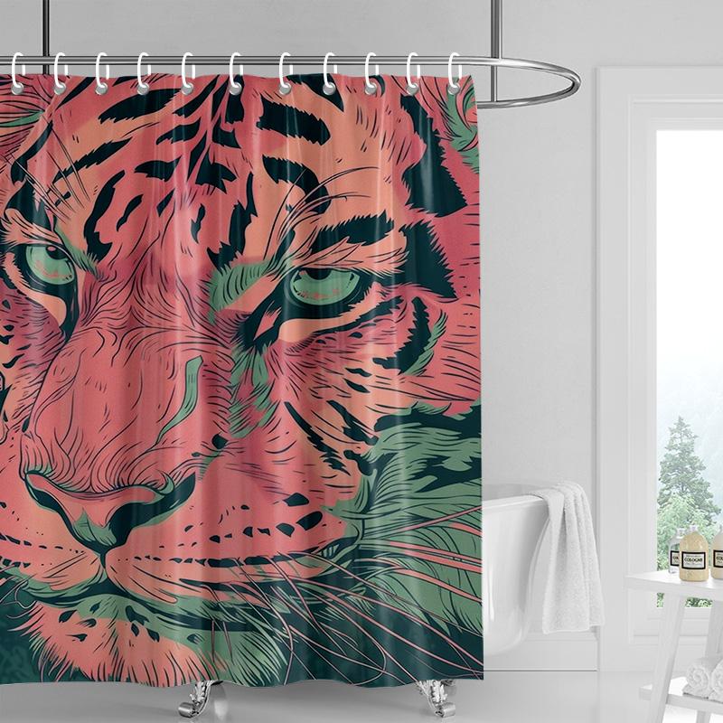 Artistic Tiger Print Shower Curtain Waterproof Bathroom Decorative Animal Theme Partition Curtain with 12 Hooks 240x180cm