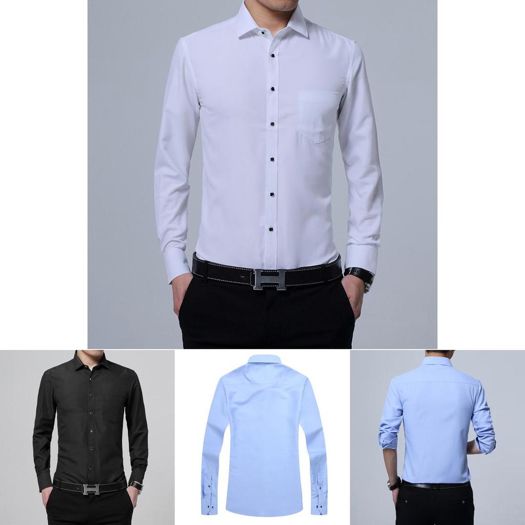Versatile New Men's Casual Long Sleeve Slim Fit Solid Cotton Dress Shirts