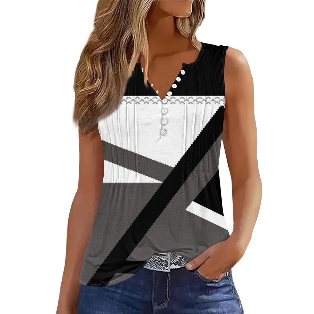 Women's Flowers And Plants Casual Loose Pleated Shirt V Collar Button-down T-shirt Shirt Sleeveless Vest Top