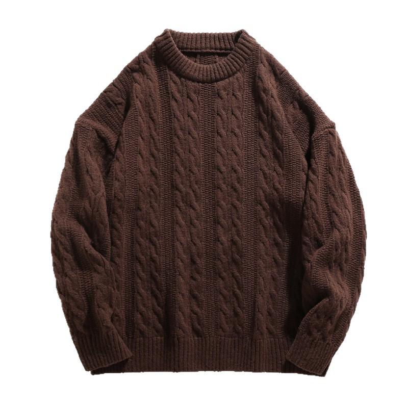 Unisex Japanese Retro Cable Knit Sweater, Round Neck, Loose Fit, Casual Autumn Style