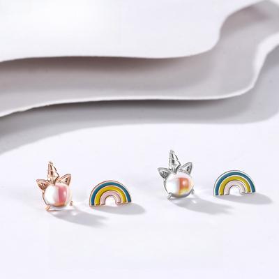 Rainbow Unicorn Earrings Women's Asymmetrical Moonstone Earrings Niche Design Sense Girl's Heart