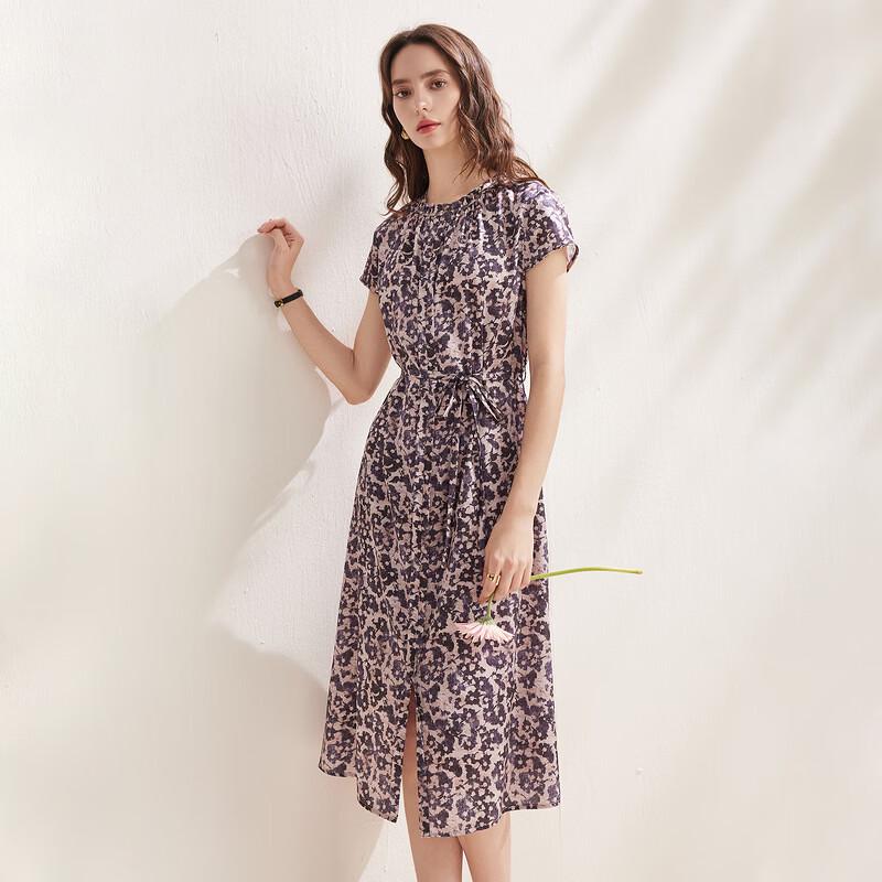 Zhaojun Women's Mulberry Silk Floral Short-Sleeve Slit Satin Dress