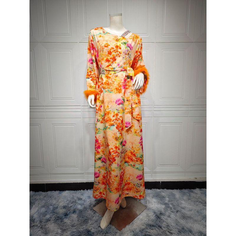 

Индонезийская арабская женская одежда Джеллаба Украшение косой с бриллиантами Модное платье с принтом страусиных перьев Платье Orange S