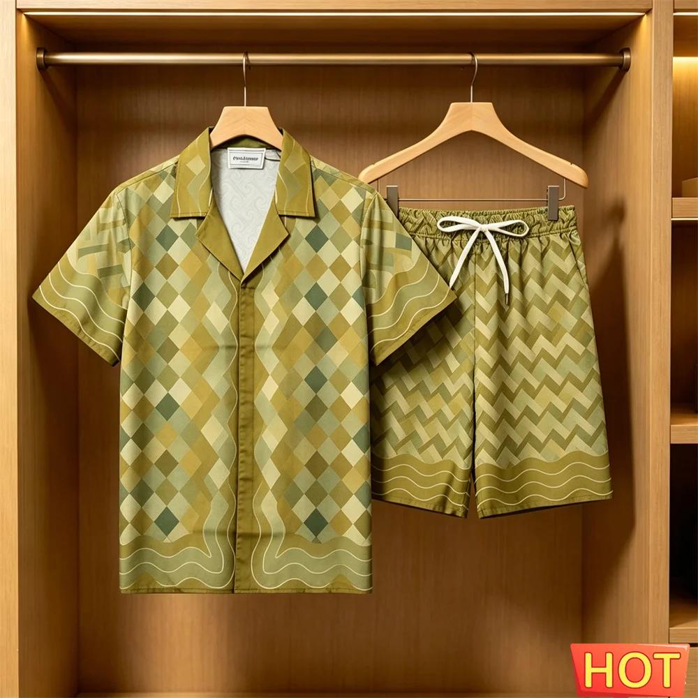 Men's Summer Set Fashion 3D Striped Print Short-Sleeve Shirt and Shorts