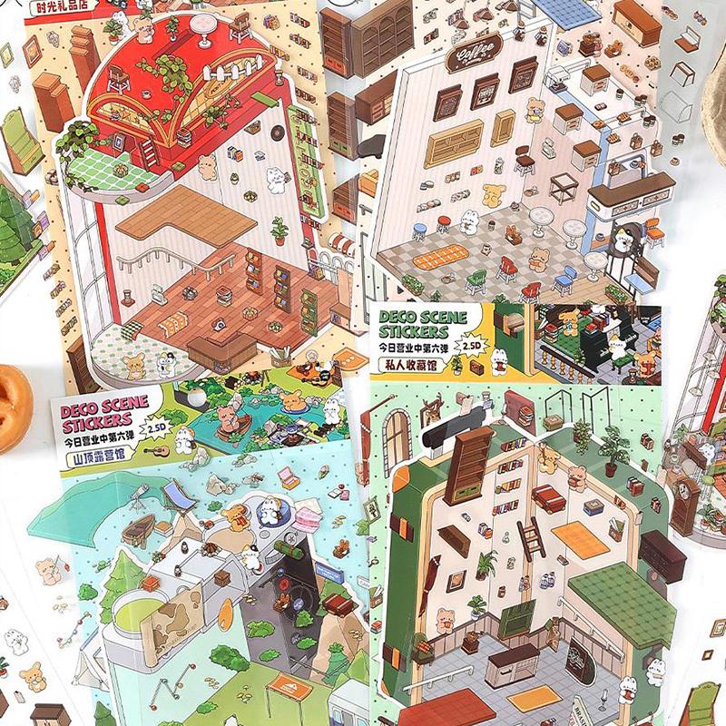 1Set Cartoon Miniature Scenes Landscape Stickers Creative 2.5D Cabin Scene DIY Decorative Stickers Festival Birthday Gifts