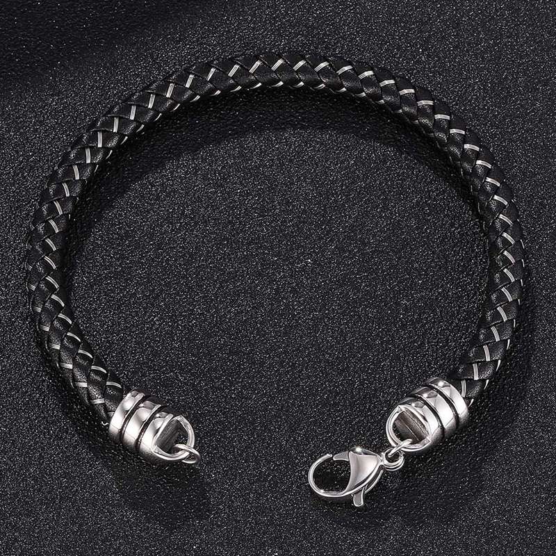 New Fashion Men Leather Bracelets Stainless Steel Simple Hook Clasps Cuff Bangles Male Female Wrist Band Gift