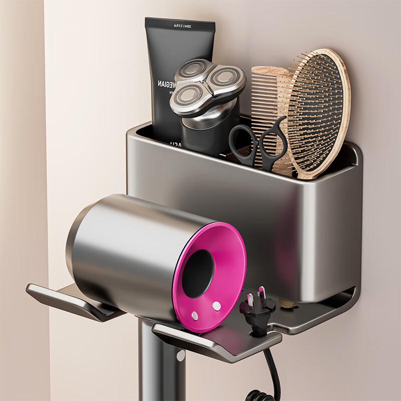 No-Drill Wall-Mounted Hair Dryer Holder with Storage Shelf
