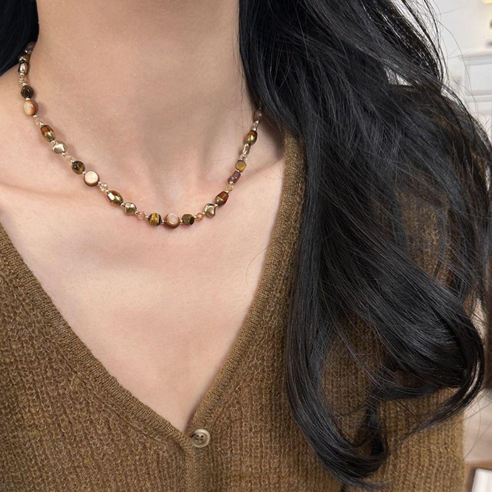Brown Natural Tiger Eye Stone Vintage Choker Necklace New Trendy Beaded Chain Necklace  Gift