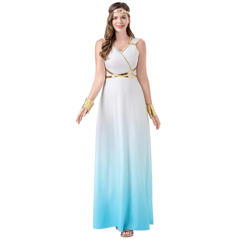 Yixiaoyi Kostým řecké bohyně Šaty pro ženy, Bílá/Modrá Ombre, Polyester, S-XL