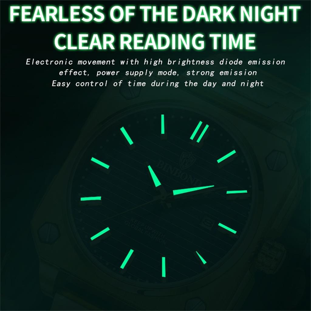 BINBOND Business Fashion Men's Watch Waterproof Calendar Date Function Rhinestone Stainless Steel Strap Quartz Watch