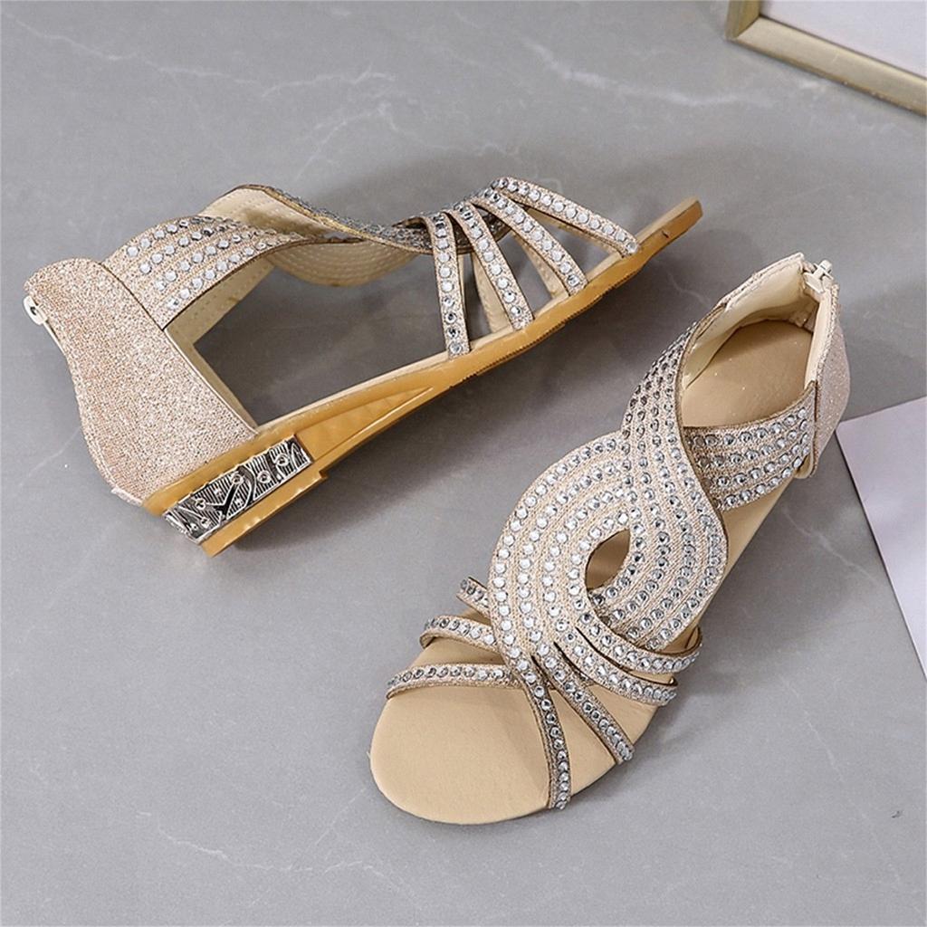 Sandals Women Women'S Ladies Fashion Vintage Crystal Outdoor Hollow Out Zip Up Sandals Shoes Womens Sandals Pu