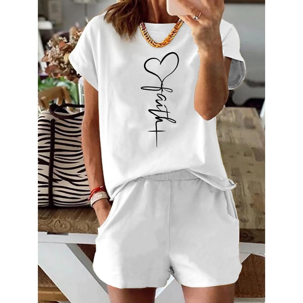 2026 Sommer Damen Modisches Herzförmiges Kreuz Print Lässiges Lockeres Rundhals Kurzarm T-Shirt Shorts Zweiteiliges Set