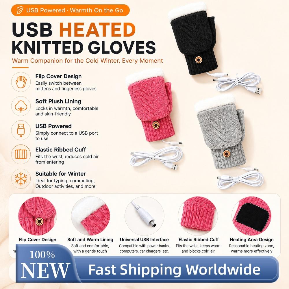 USB Powered Electric Heated Knit Gloves Fingerless Mittens Winter Warm Outdoor Hand Warmer