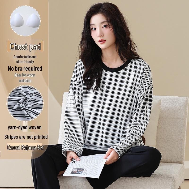 Pyjama d'automne pour femme à col rond rayé à manches longues avec coussinets de poitrine - Ensemble décontracté grande taille pour la maison et l'extérieur