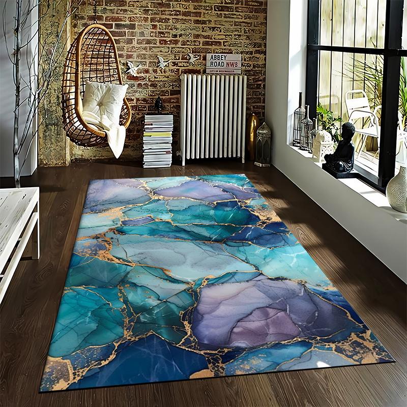 Abstract Marble Design Carpet with Blue, Purple, and Gold Accents Suitable for Use As an Anti-slip for Living Room Bedroom Sofas