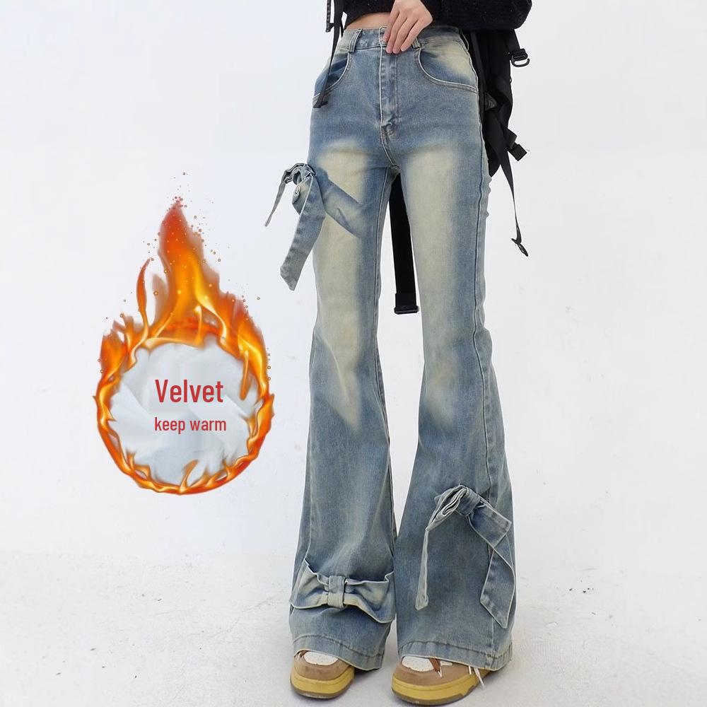 

Women s High Waist Retro Micro Flare Jeans with Bow Design - Autumn/Winter XL