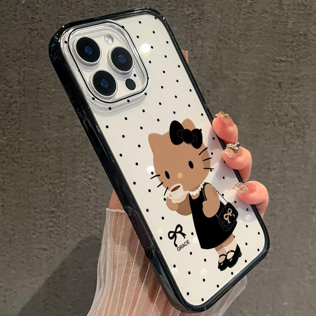 Coffee Kitty Transparent Phone Case for Apple 17ProMax, 16ProMax, 17Pro, 15, 14 with Black Edge - Cute Design