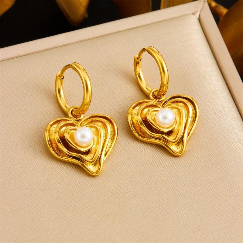 Gold Layered Heart Pearl Huggie Hoop Drop Earrings for Women